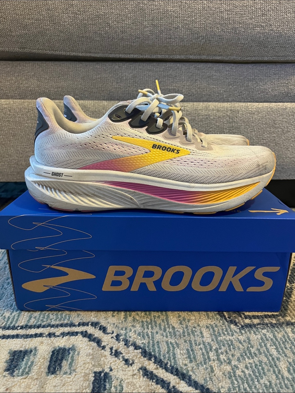 Brooks Women’s Ghost Running Shoes - White with Pink & Yellow Accents